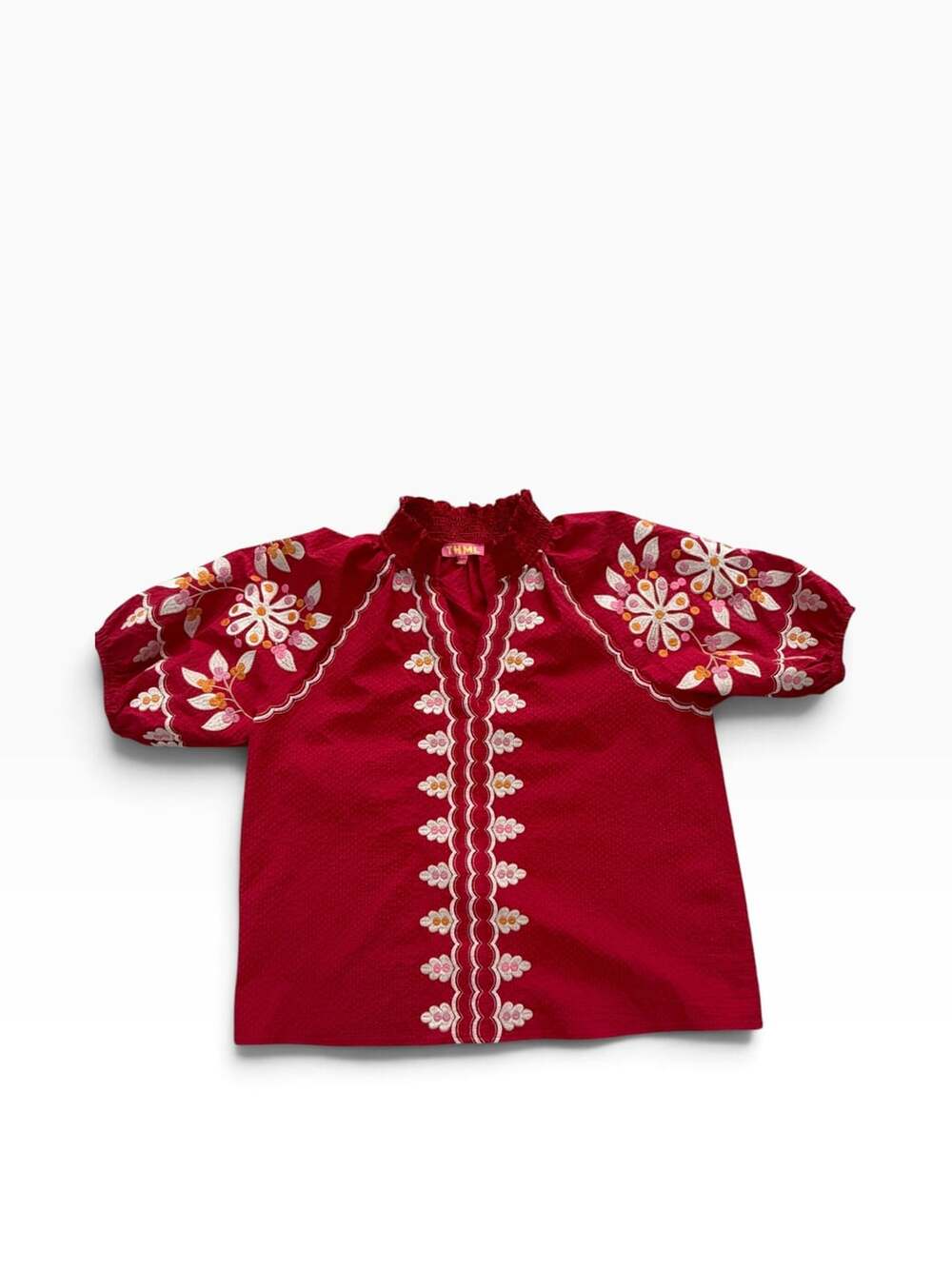 THML Embroidered Blouse Size M Red Short Sleeve Smocked Neck Floral